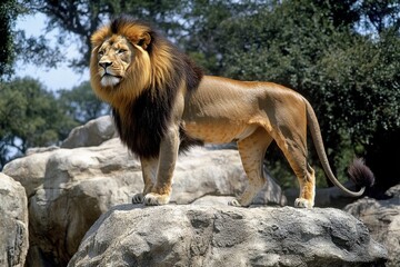 Obraz premium Male African lion on rocky outcrop in savanna landscape