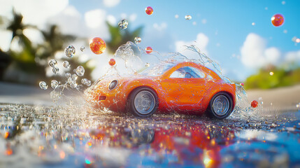 Car from the particles. The car breaks down into molecules. The car consists of circles blown away by the wind.