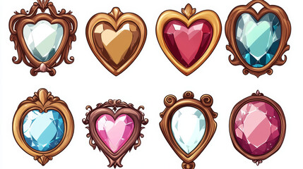 Set of medieval mirror frames isolated on background. Vector cartoon illustration of round silver and wooden borders decorated with heart shape gemstones and elegant curls, game design elements