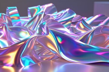Obraz premium Vibrant Iridescent Ribbons in Fluid Motion for Dynamic Three-Dimensional Backdrop Displays