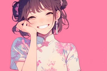 female smiling and wearing Chinese Cheongsam , pastel background, anime style, illustration 