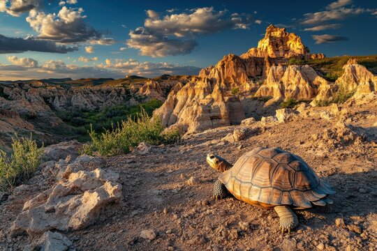 Majestic Russian tortoise in sunlit rocky landscape with vibrant colors