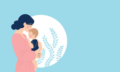 Horizontal banner about motherhood with space for text. Mom hugs baby. Happy Mothers Day. Vector flat illustration