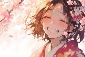 Fototapeta premium illustration of a anime female smiling and wearing Japanese Kimono , pastel background, Sakura tree