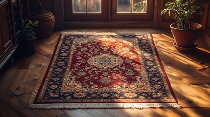Sunlit Oriental Rug On Hardwood Floor