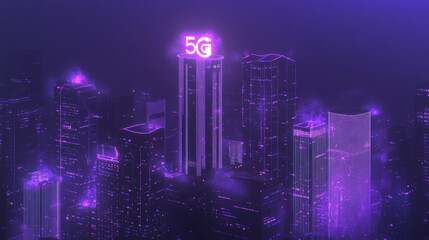 Fototapeta premium 5G network technology, isometric concept vector illustration. Smart city, buildings with 5G symbol wireless internet and mobile phone isolated on ultraviolet background. High speed internet web page