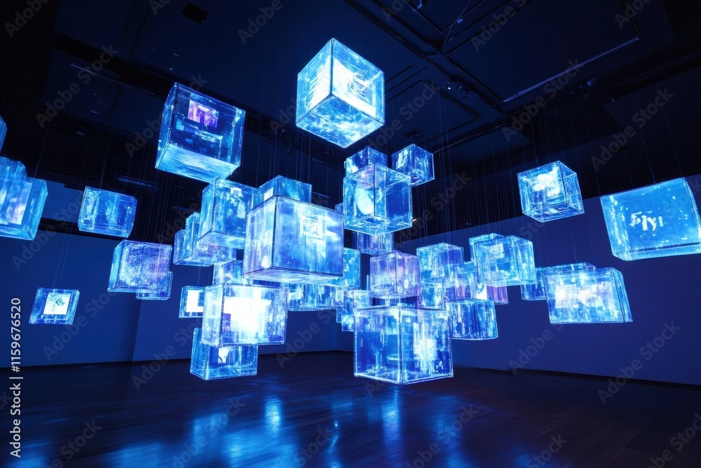 Poster Floating cubes display abstract content illuminating the gallery space with vibrant colors and dynamic shapes. Generative AI