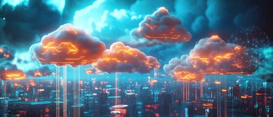 Futuristic city skyline with glowing cloud data servers.