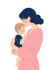 Woman holding baby in her arms, young mother. Happy Mothers Day. Vector isolated flat illustration