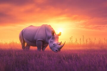 Obraz premium White rhinoceros at sunset in savanna tranquil and serene