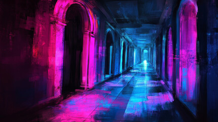 Fototapeta premium 3d illustration of a passage illuminated by pink and blue lights