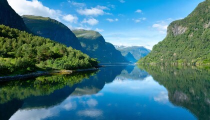Cerulean Waters Reflecting Lush Forested Peaks in an Idyllic Coastal Fjord