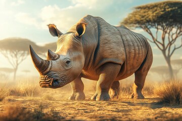 Fototapeta premium White rhinoceros in African savanna under golden sunlight