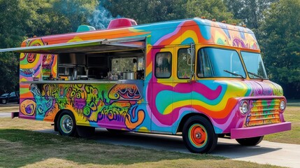 Vibrant colorful food truck parked outdoors, serving food.
