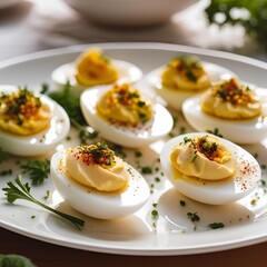 Deviled eggs on a white plate
