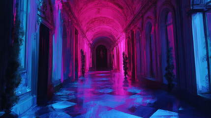 Fototapeta premium 3d illustration of a passage illuminated by pink and blue lights