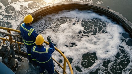 Workers monitoring water treatment process.