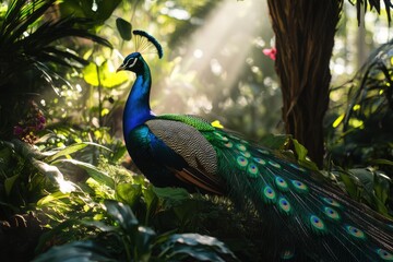 Fototapeta premium Magnificent peacock fully displayed in lush tropical garden setting