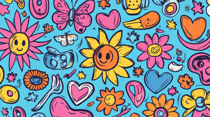 Psychedelic stickers, retro hippie pattern with flowers, hearts, sun, moon and stars. Vector doodle illustration with signs of peace, yin yang, funny and weird icons of butterfly, eyes and hands