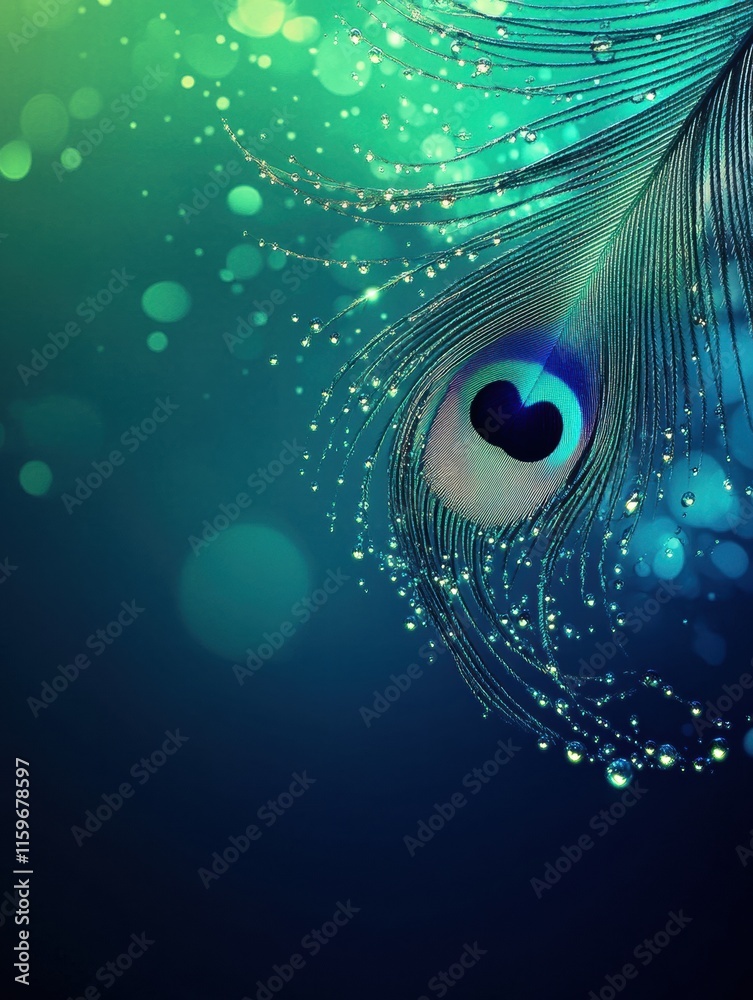 Aufkleber close up view of a vibrant peacock feather with dew drops showcasing elegance and color against a bl