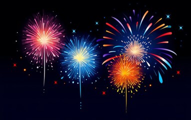 Fototapeta premium Colorful Fireworks Display in Vector Style on Dark Blue Background, Perfect for New Year Celebrations, with Ample Space for Text.