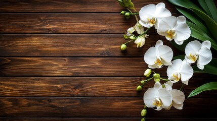 White orchids arranged on dark wooden background