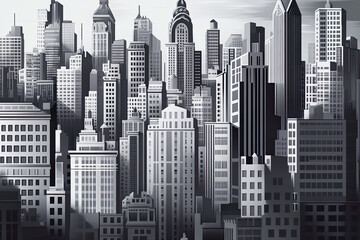 Monochrome urban skyline with skyscrapers in geometric precision