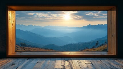 Mountain Sunset View From Wooden Framed Window