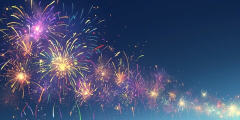 Fototapeta premium Colorful Fireworks Display in Vector Style on Dark Blue Background, Perfect for New Year Celebrations, with Ample Space for Text.