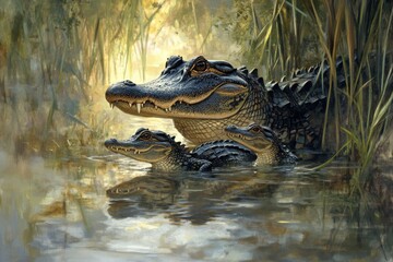 Obraz premium Alligator mother with hatchlings in natural marsh habitat