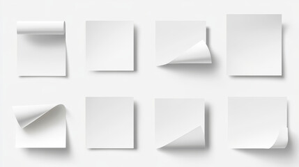 White stickers peel off, rectangular, arrow, flag and oval shapes with shadow and curled edges. Tags, sticky notes for memo, isolated Paper adhesive tape, empty blanks mockup, Realistic 3d vector set