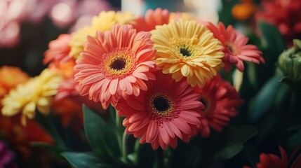 Close-up of vibrant orange and yellow gerbera daisies in a bouquet.
