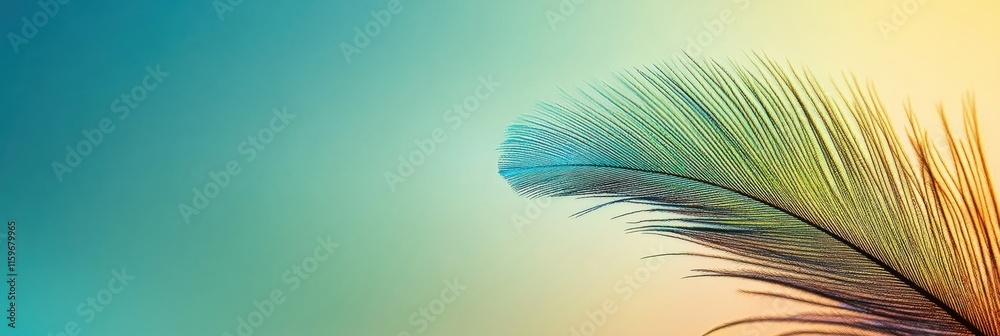 Poster close up of a vibrant peacock feather showcasing intricate textures and colorful patterns on a soft 