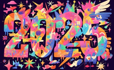 Colorful "2025" in Bold, Flat Letters with Patterns and Shapes, Set Against Black Background with Confetti for a Festive Vibe.