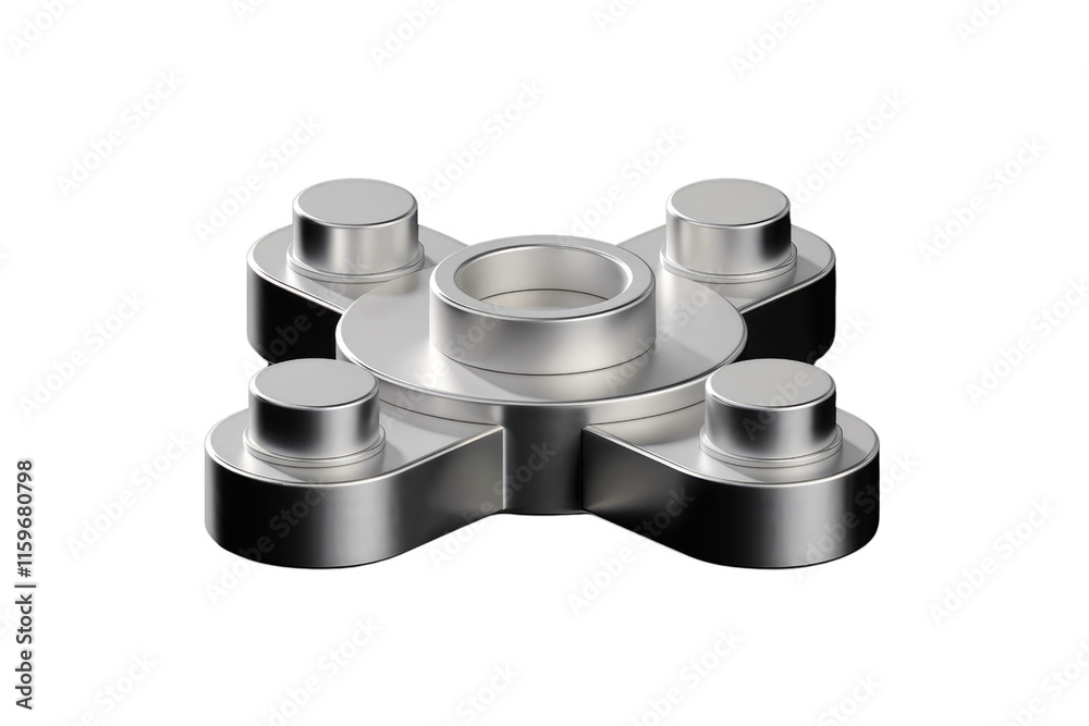 Poster Metallic four-armed circular object with central hole, isolated on transparent background. background removed