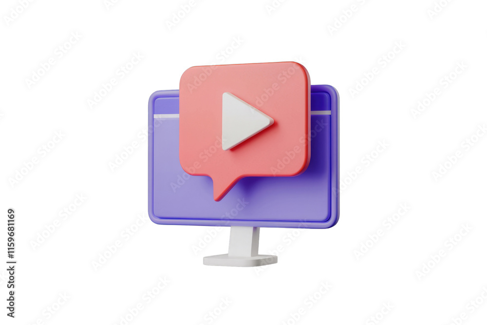 Poster 3D render of a computer screen with a play button in a speech bubble, symbolizing online video content. background removed