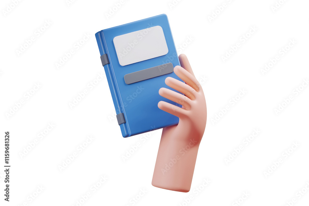 Poster a 3d rendered cartoon hand holds a blue notebook with a blank label. background removed