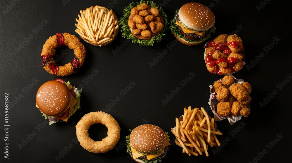 Poster Top view of various fast food items arranged in a circle on a black background, leaving a blank space in the center.