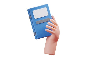 A 3D rendered cartoon hand holds a blue notebook with a blank label. background removed