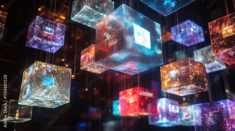 Poster floating cubes display abstract text, images, and multimedia symbols in a modern art installation. g