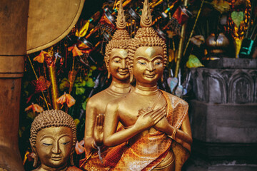 Serene gold Buddhist statues in Southeast Asia. Laos. 