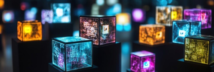Floating cubes with abstract symbols create a vibrant display in an artistic installation showcasing technology and creativity. Generative AI