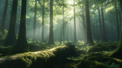 Sunbeams Illuminate a Mossy Forest Floor