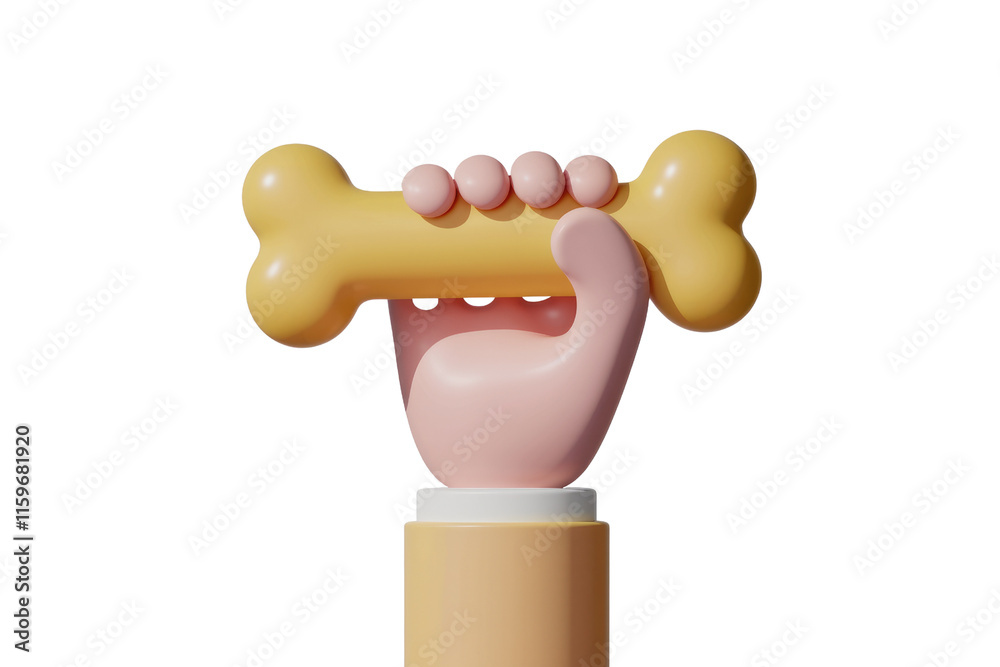 Poster a 3d rendered image of a hand holding a cartoon bone, playful and minimalist design. background remo