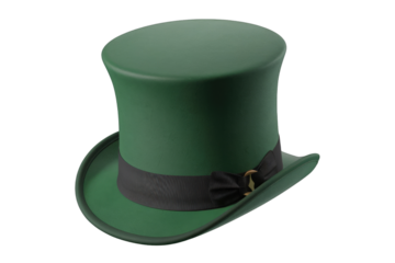 A 3D rendered image of a green top hat with a black ribbon and gold clasp, isolated on transparent background. background removed