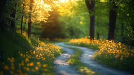 Obraz premium Sunlit Pathway Through a Forest of Yellow Flowers