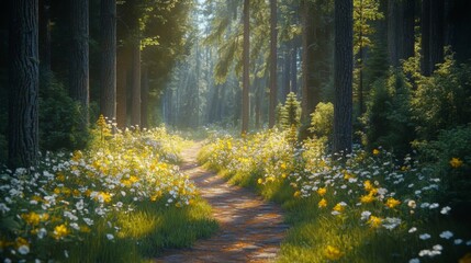 Obraz premium Sunlit Forest Path With Blooming Wildflowers