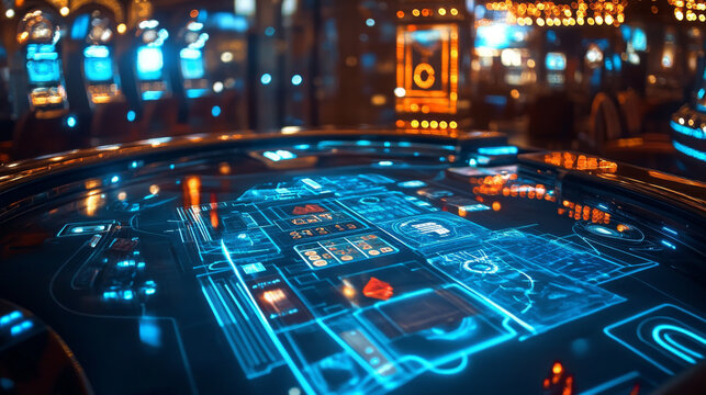 Full house hologram. Digital and technological background of the casino. Futuristic playing card design