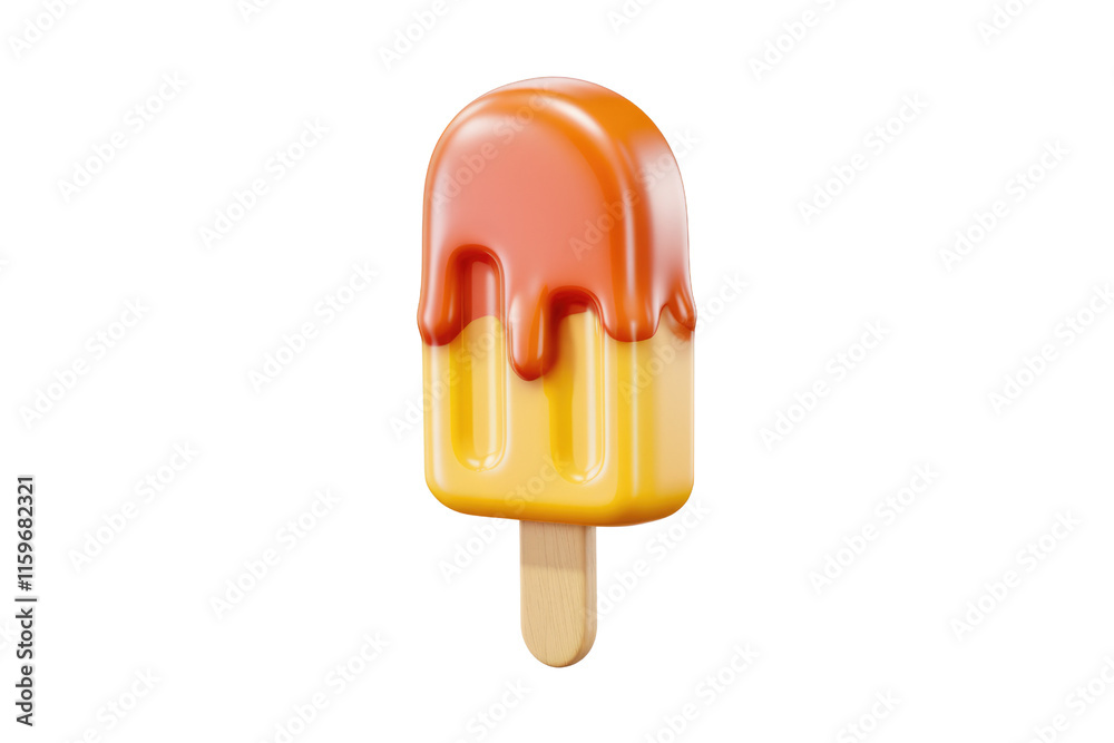 Fototapete a 3d rendered image of a yellow and orange popsicle with melting caramel topping on a white backgrou