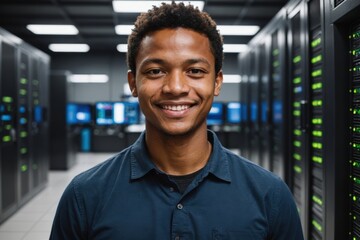 Close portrait of a smiling young Malagasy male IT worker looking at the camera, against dark server room blurred background.